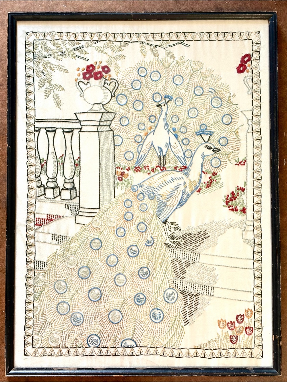 Vintage- Embroidered Peacocks and floral- Framed w/ Glass